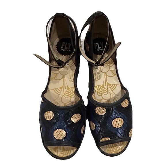 FLY London Yeji Sandals Blue Tan Geometric Wedge Peep Toe EU 38 US 7 - Picture 1 of 9